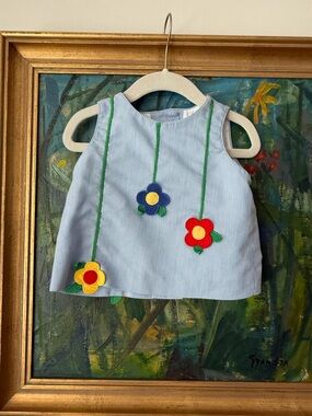 Florence Eiseman Blue Striped Tank Top with Colorful Flower Appliques